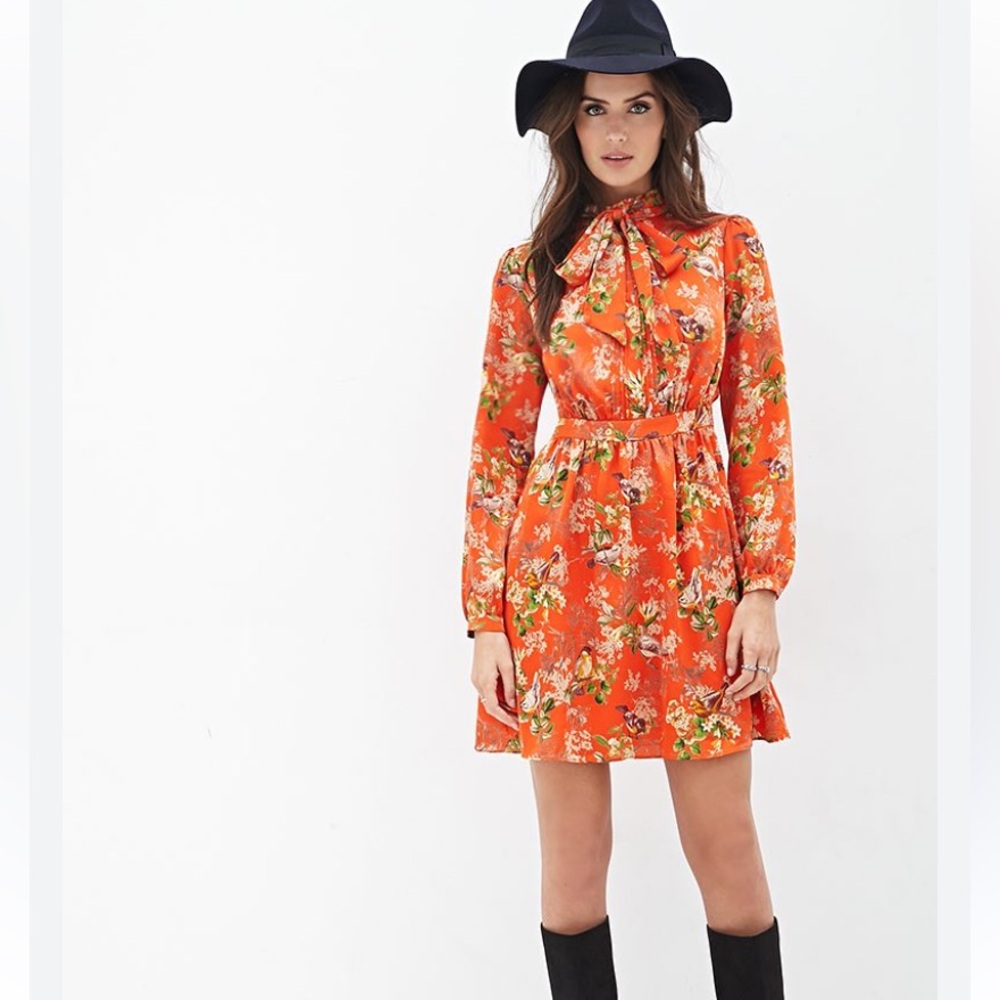 Forever 21 Long Sleeve Orange Floral Bird Botanical Dress